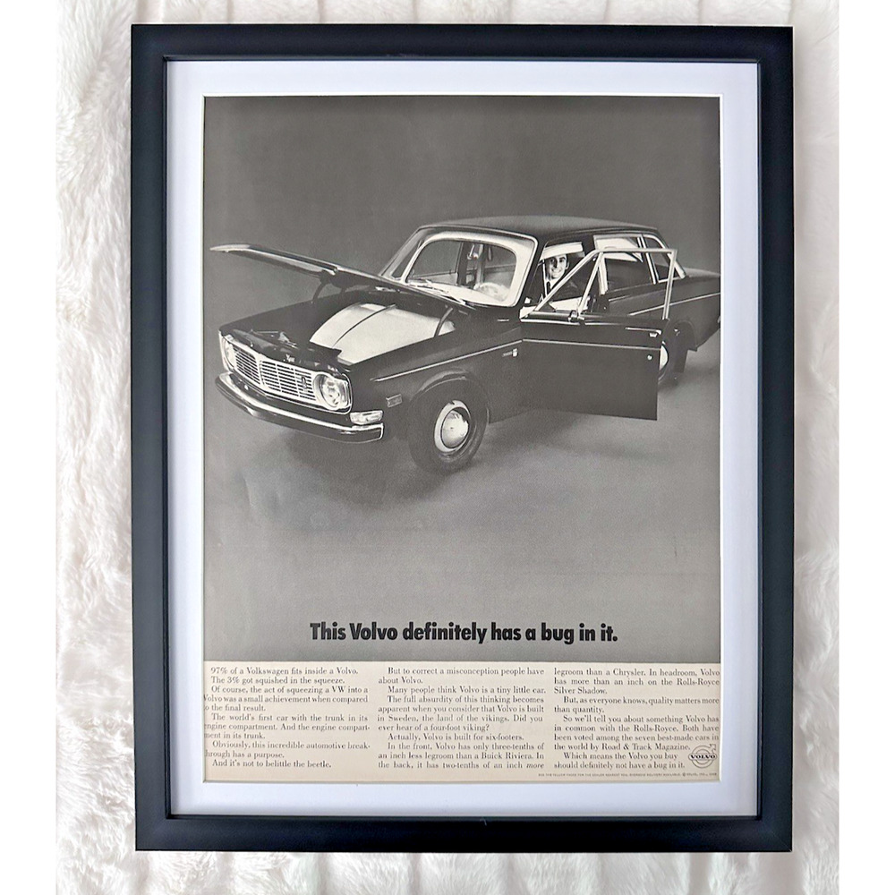Framed 1968 Volvo 4 Door Sedan With Volkswagen Inside Vintage Magazine Car Ad